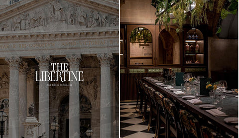 a picture of the royal exchange in london next to a picture of the interior of the libertine restaurant 