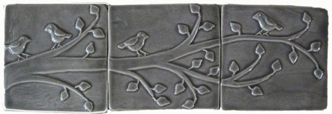 Birds On A Branch Triptych Three 6"x6" Ceramic Handmade Tiles - Gray Glaze