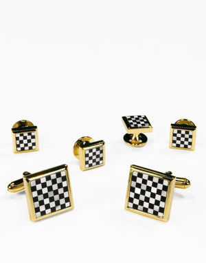 Black Onyx and Genuine Mother of Pearl Checkerboard Cufflinks and Studs Set - Fine Tuxedos