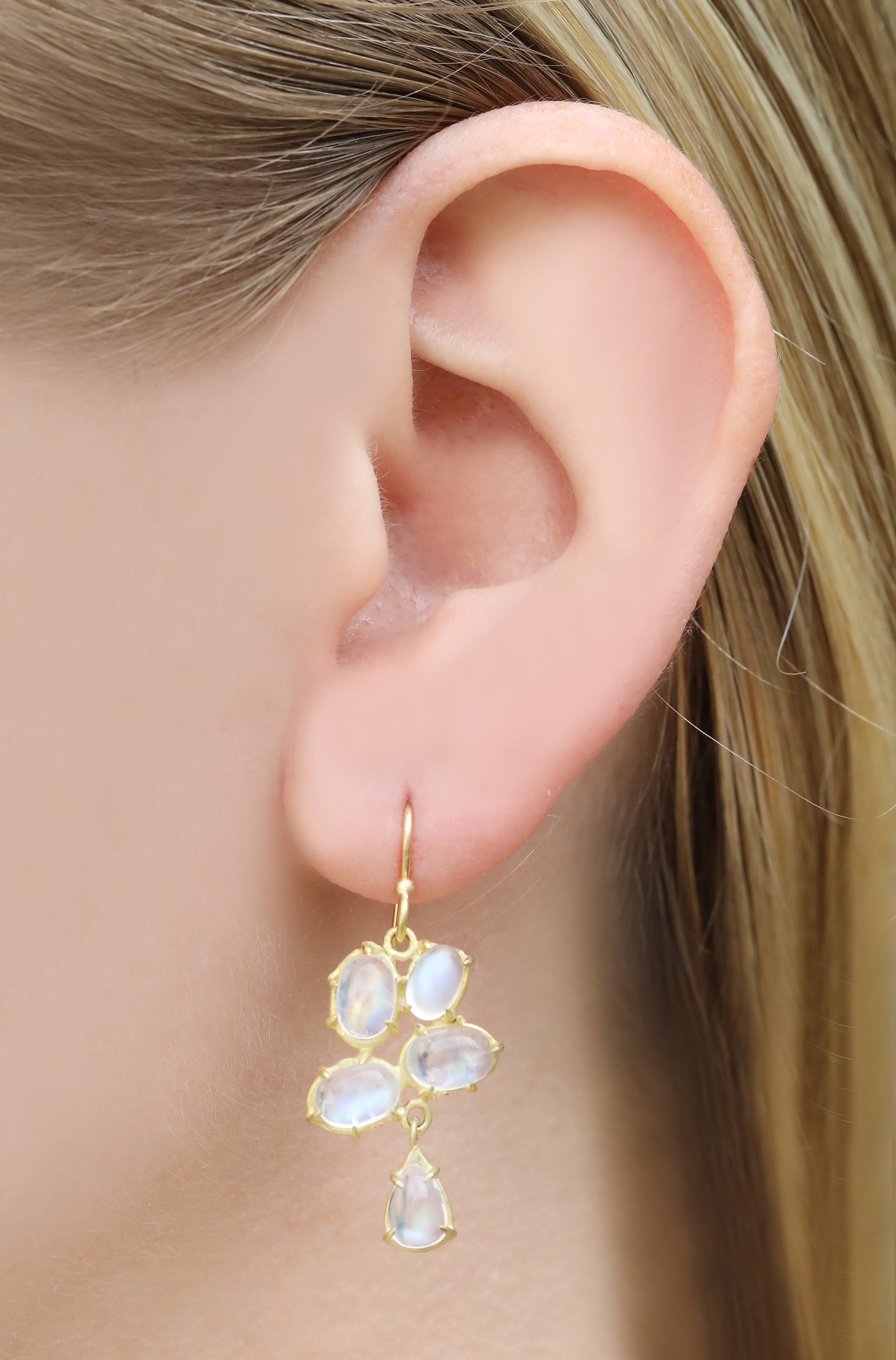 Gold Prong-Set Rainbow Moonstone "Clover" Earrings