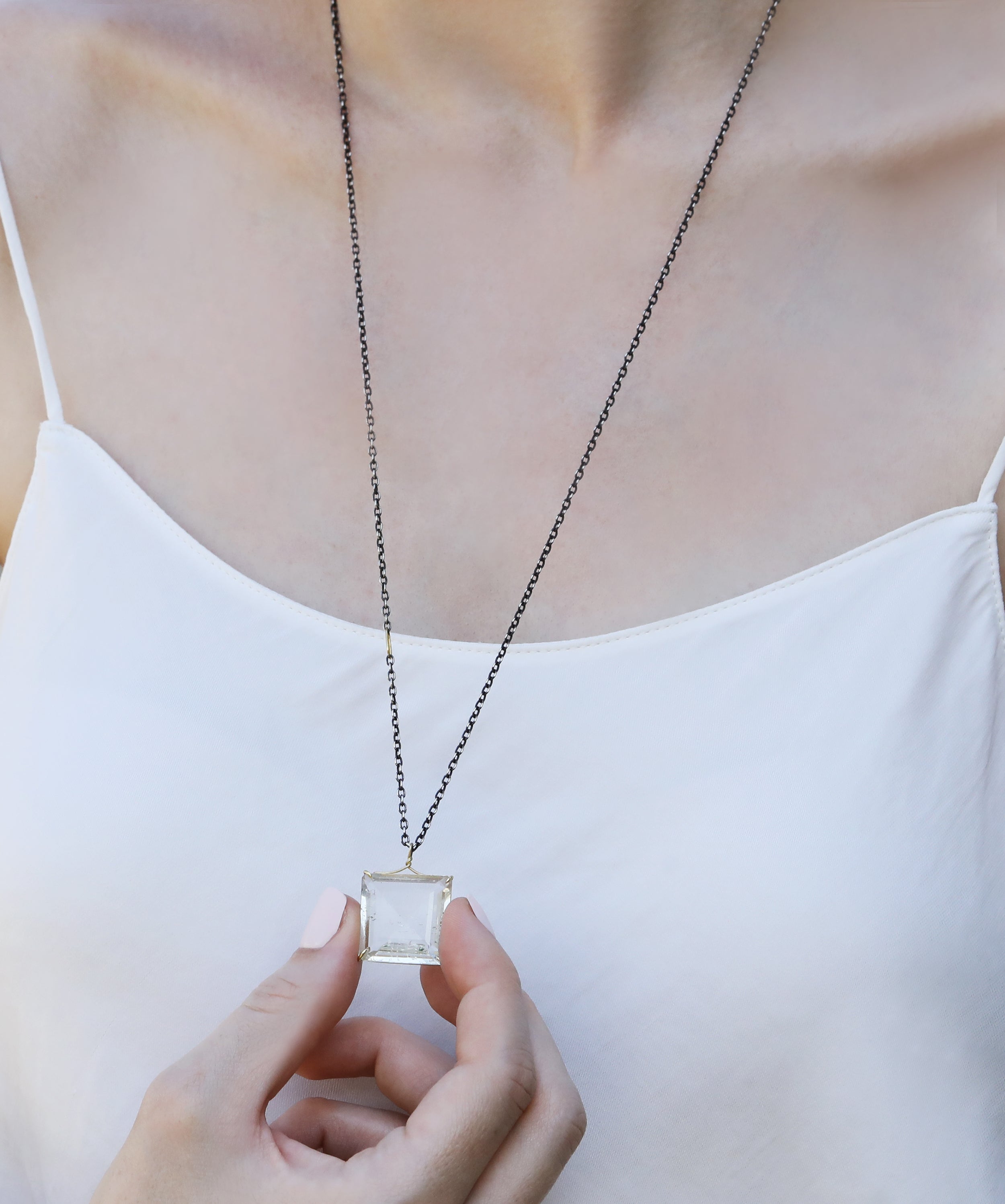 Mixed Metal Pale Yellow Beryl Square Pendant Necklace