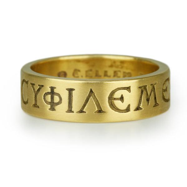 Caroline Ellen Gold Greek Engraved Love Me Ring Peridot Fine Jewelry