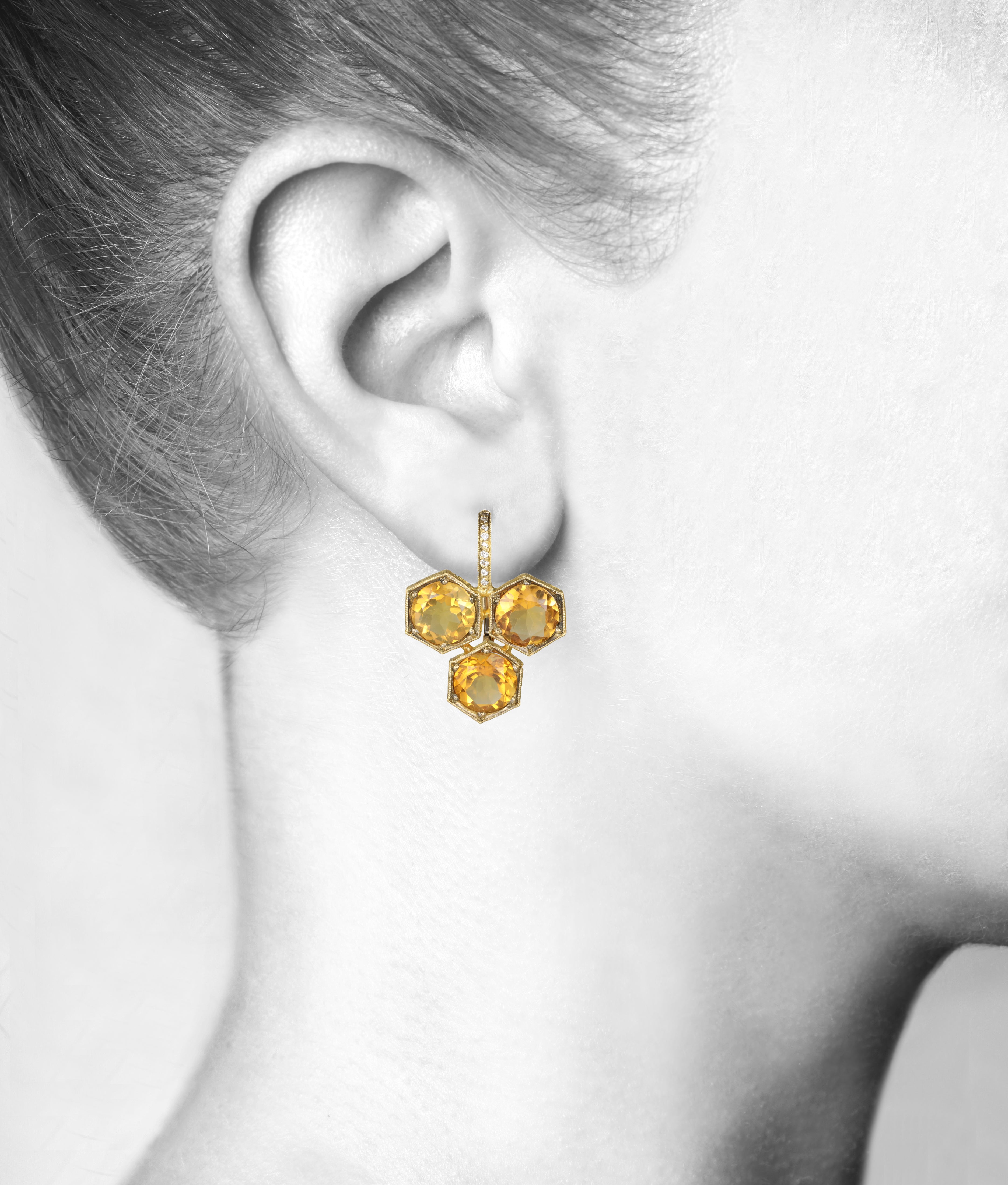 22K Gold Triple Hexagonal Citrine Earrings with Diamonds