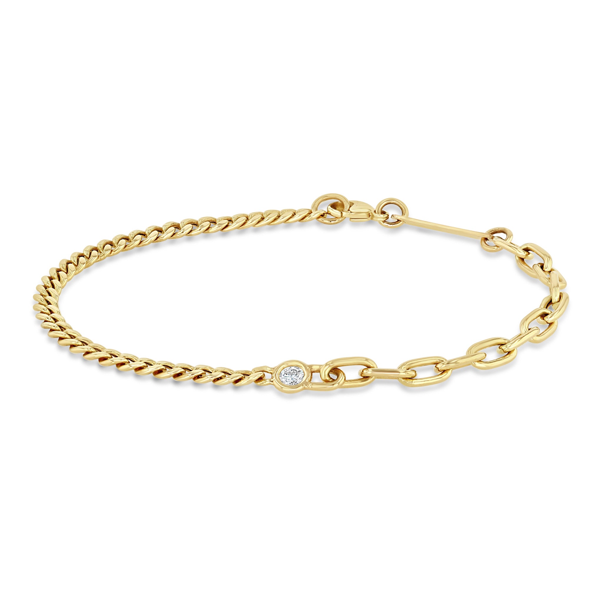 Mixed Curb & Oval Link Chain Bracelet with Bezel-Set Diamond Center