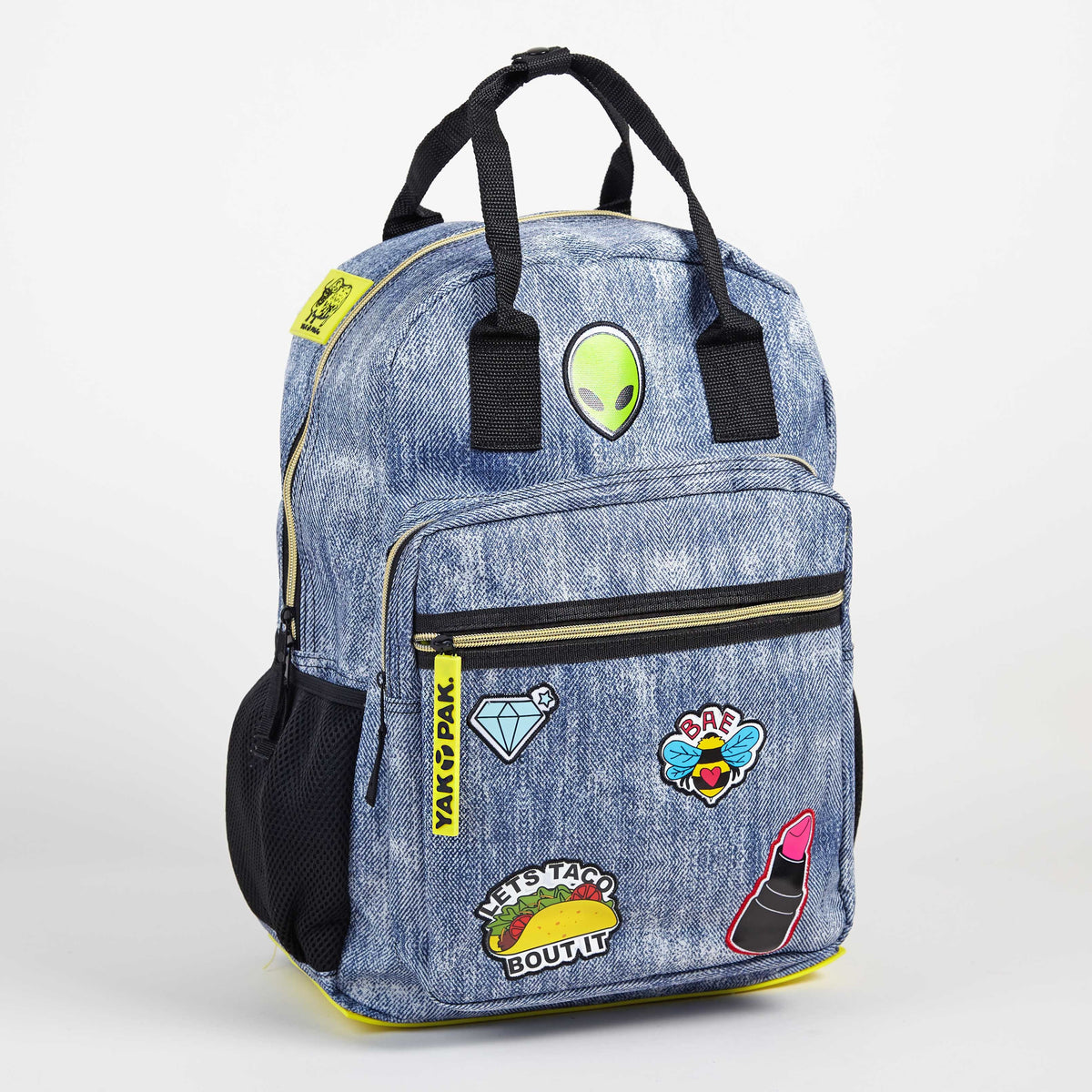 Yak Pak Backpack Denim/Jean Look with Patches, Laptop and Phone Pockets ...