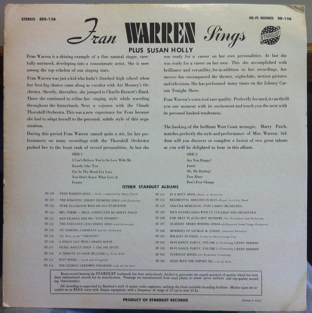 Fran Warren & Marty Paich - Sings LP VG+ SD 126 Vinyl 1960 Mono Record 1st