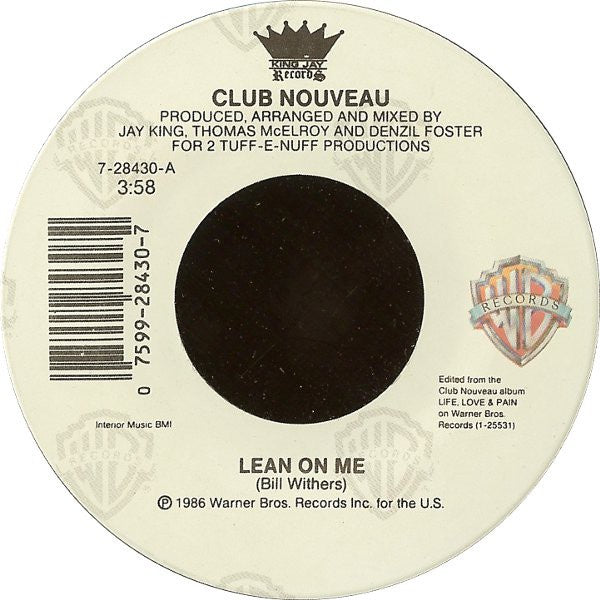 Club Nouveau ‎– Lean On Me / Pump It Up (Reprise) VG+ 7