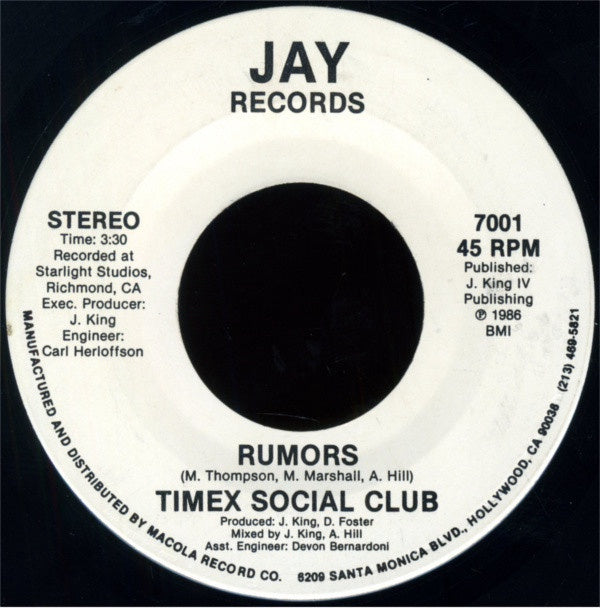 Timex Social Club ‎– Rumors - VG+ 45rpm 1986 USA - Soul / Funk– Shuga  Records