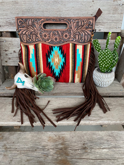 Saddle Blanket Western Style Bag with Fringes, Tooled Strap and Tooled –  Affilare