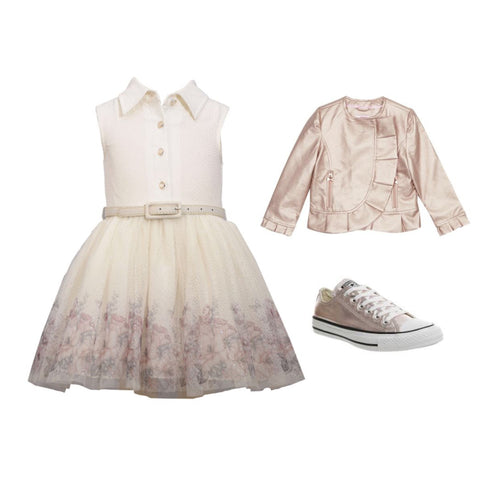 A dress from Ringarosies matched with a metallic ted baker dress and a rose gold metallic pair of lace up converse high-tops. For confirmation ideas and outfits. 