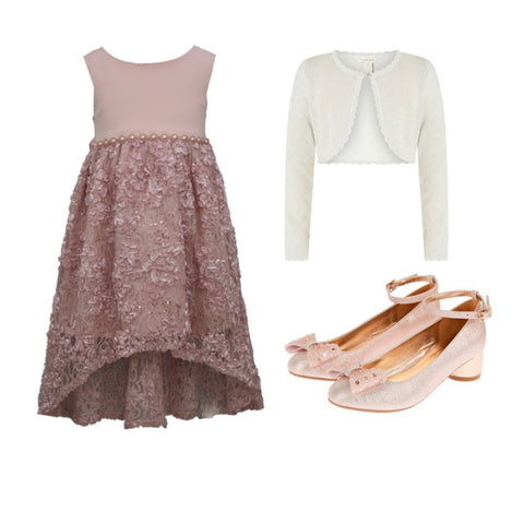 This dipped hem blush pink dress from Ringarosies is so elegant. With its sleeveless bodice and flowing skirt that is fully lined. Perfect for confirmation or flower girl. Paired with the Niamh cardigan from Monsoon and ombré shoes with a small heel. 