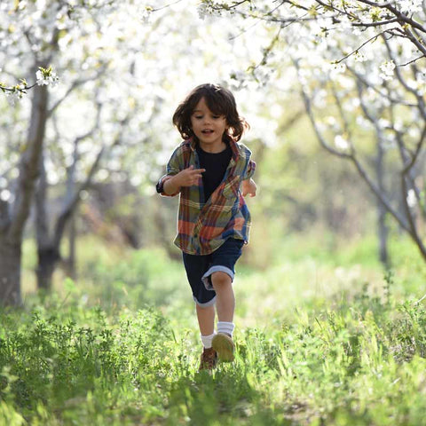 Boy running in orchard