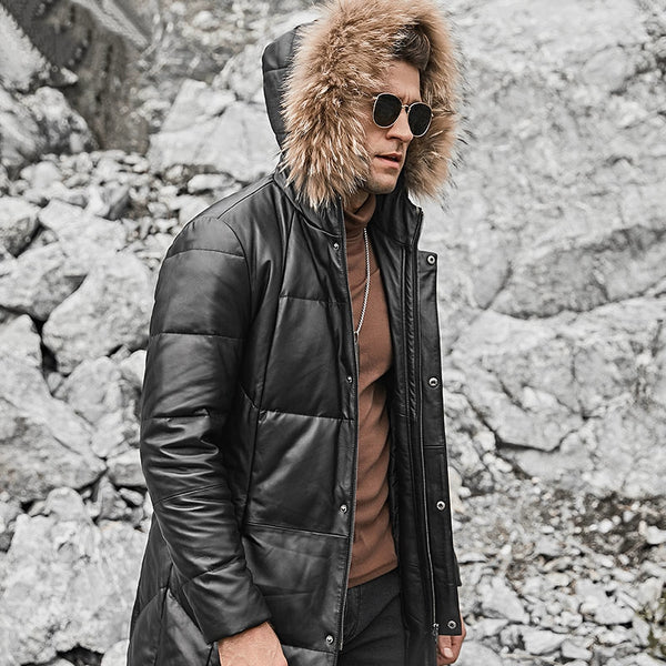 Men's Winter Genuine Leather Jacket With Fur Hood | ZORKET