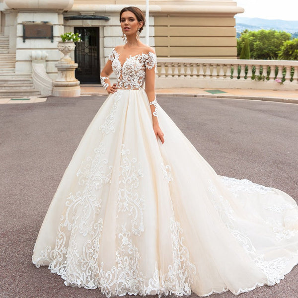 Women's Long-Sleeved Backless Wedding Dress With Appliques | ZORKET