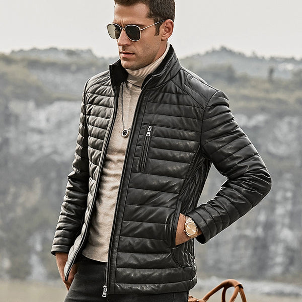 Men's Winter Genuine Leather Down Jacket With Removable Fur Collar | ZORKET