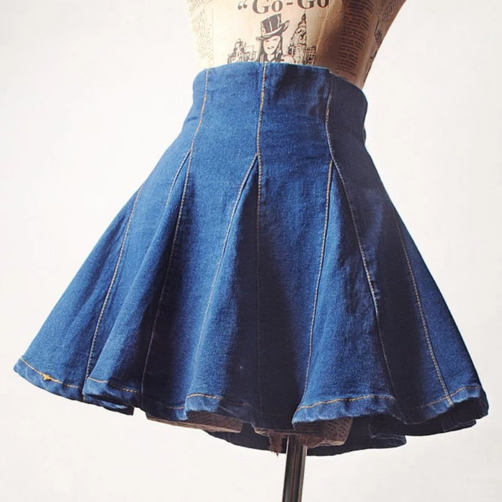 pleated denim mini skirt