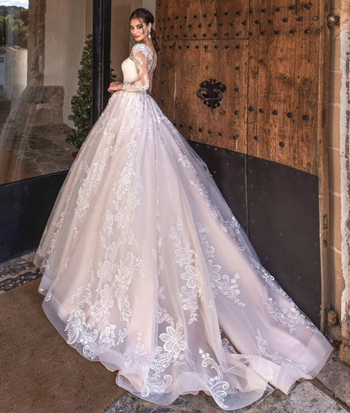 Women's Long Lace Wedding Dress With Appliques | ZORKET