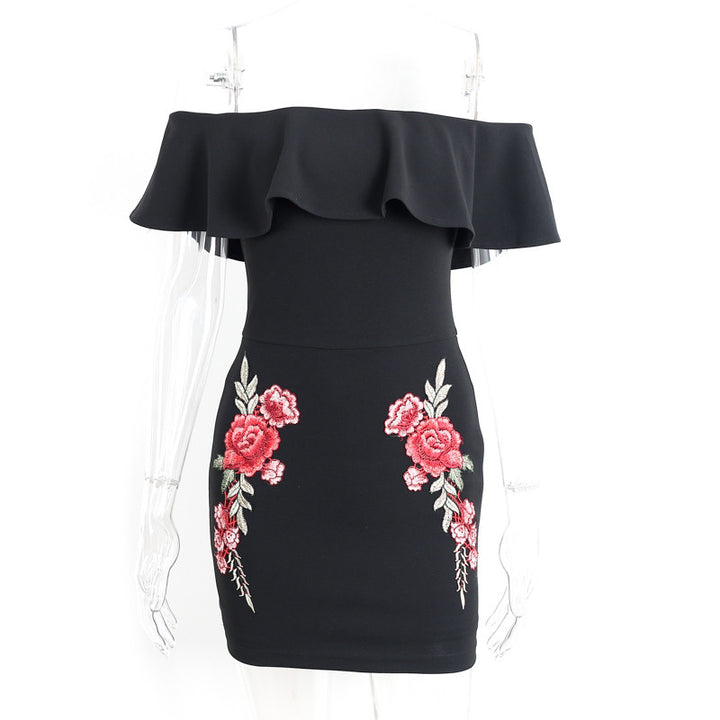 Off Shoulder Ruffle Dress With Flower Embroidery | Zorket | ZORKET