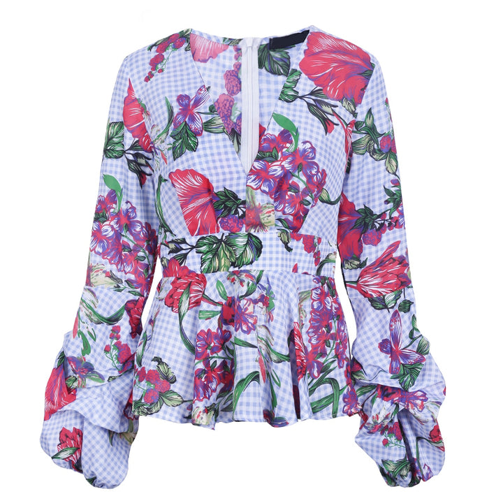 Women's Deep V-Neck Shirt With Flower Print | ZORKET