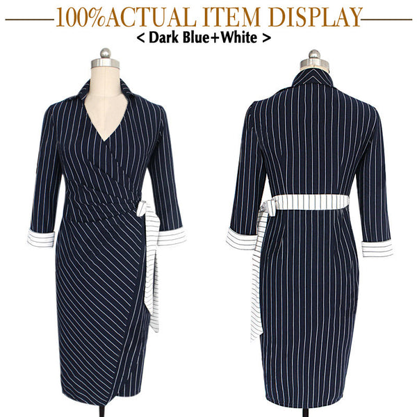 Women's V-Neck Collar Belted Bow Striped Business Sheath Pencil Dress ...