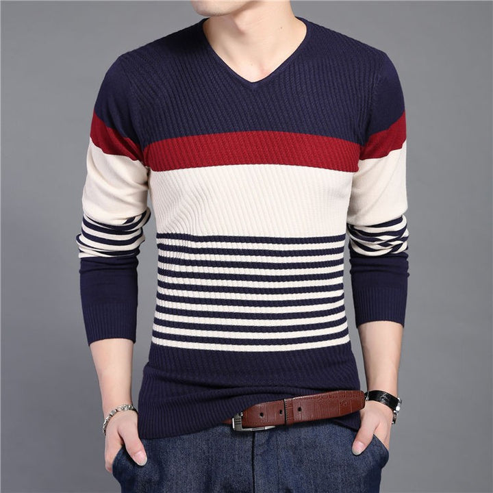 Men's Knitted Striped V-Neck Slim Fit Sweater | ZORKET