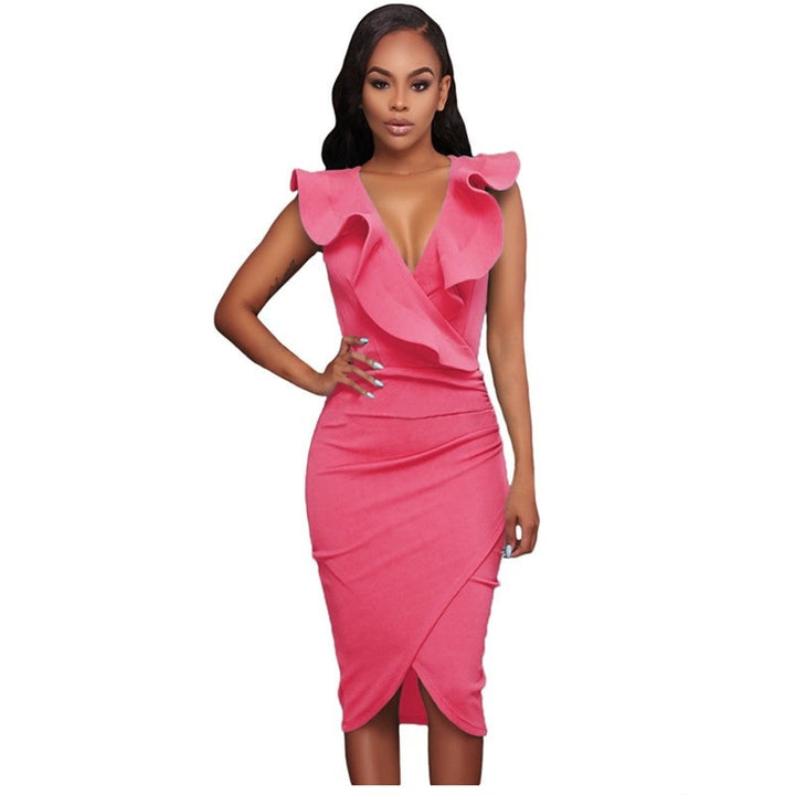 Summer Ruffle V-Neck Midi Dress | Sleeveless Club/Party Dress | ZORKET