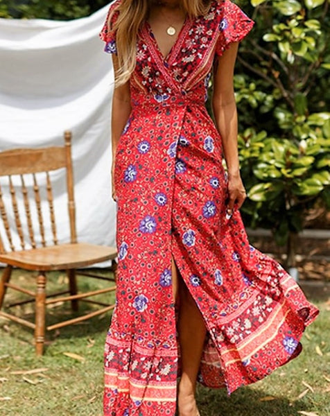 Women's Summer Floral Ruffled Long Dress With High Split | ZORKET | ZORKET