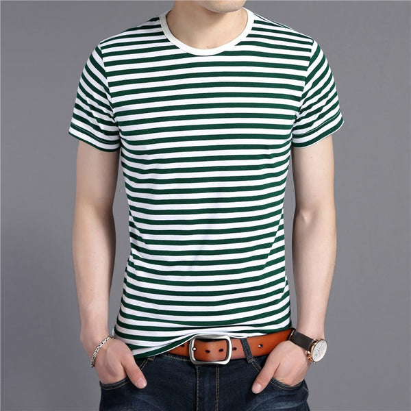 Men's Cotton Short Sleeve Pinstriped O-Neck T-Shirt | ZORKET