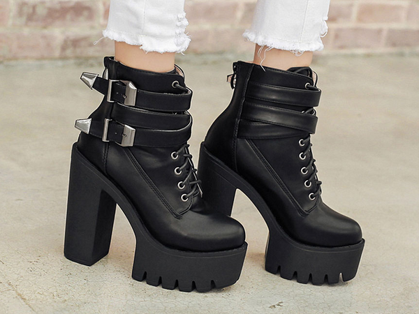 Women's Spring Buckle Lace Up Leather Boots | Black Ladies Shoes | ZORKET