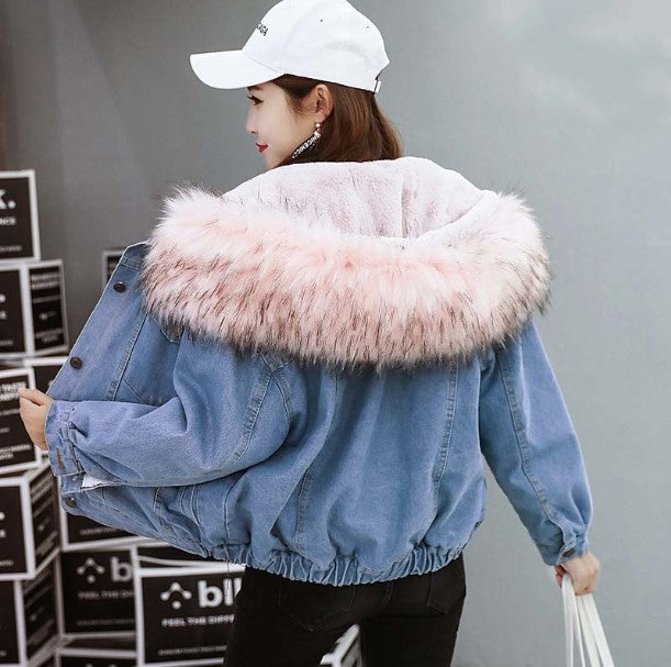 jean jacket with fur hoodie