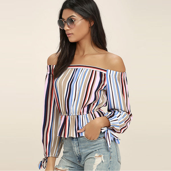 Off-the-Shoulder Long Sleeve Striped Blouse | Women's Shirts | Zorket ...