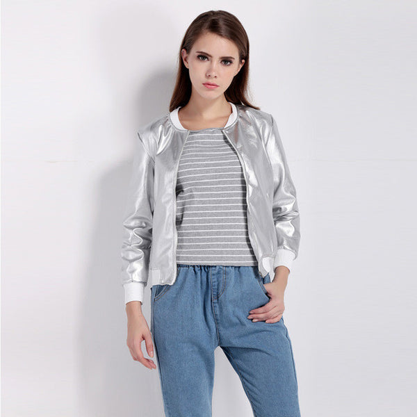 Women's Silver O-Neck Bomber Jacket | Women's Jackets | Zorket | ZORKET