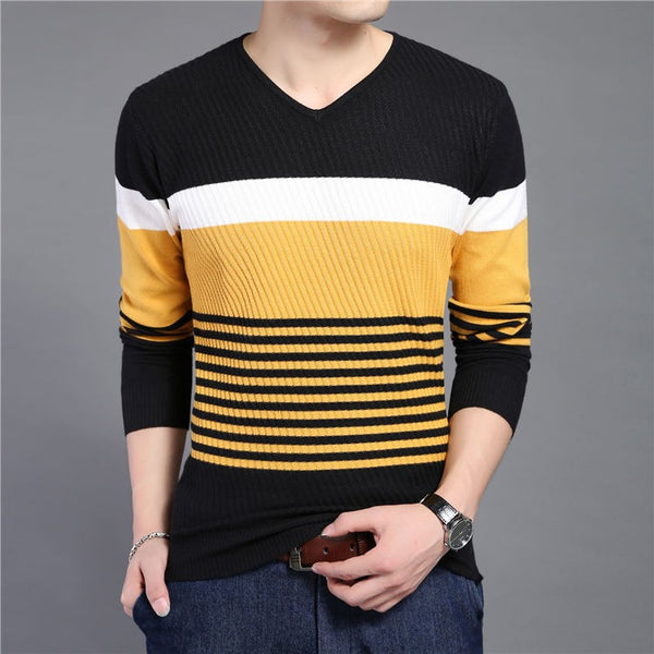 Men's Knitted Striped V-Neck Slim Fit Sweater | ZORKET