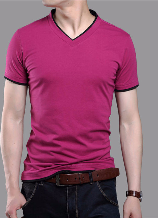 Men's Solid Color Short Sleeve V-Neck T-Shirt | ZORKET