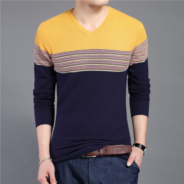 Men's Striped V-Neck Casual Patchwork Pullover | ZORKET