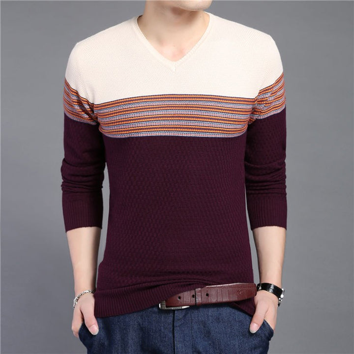 Men's Striped V-Neck Casual Patchwork Pullover | ZORKET