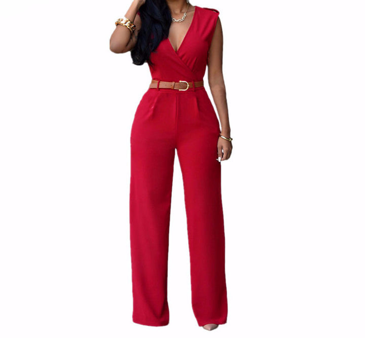 Women's Fashion V-Neck Belt Elegant Work Wear Jumpsuit | ZORKET