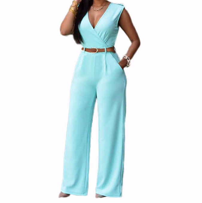 Women's Fashion V-Neck Belt Elegant Work Wear Jumpsuit | ZORKET