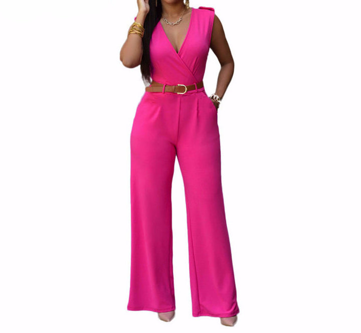 Women's Fashion V-Neck Belt Elegant Work Wear Jumpsuit | ZORKET