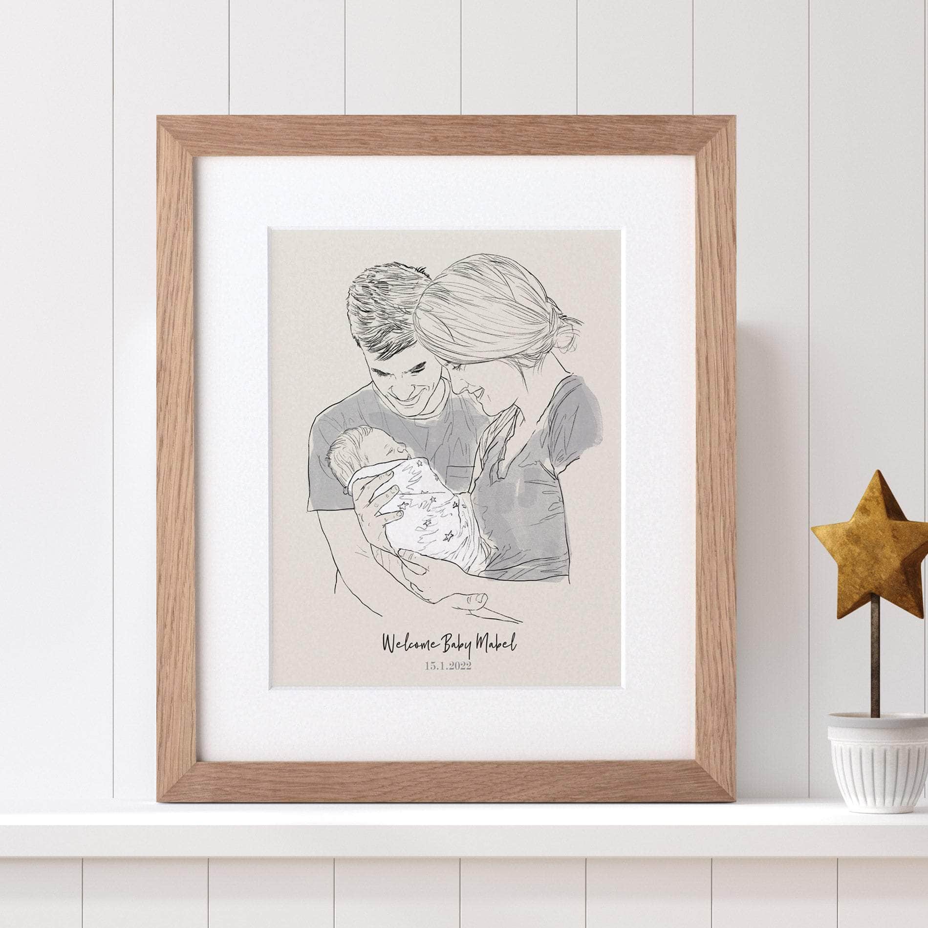 Image of Monochrome New Parent And Baby Personalised Line Drawing