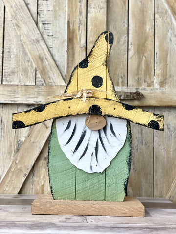 Green and Yellow Wood Gnome with Base
