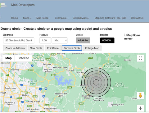 Screenshot of Map Developers website, showing map of local area with concentric circles at 1-5km from specified point.