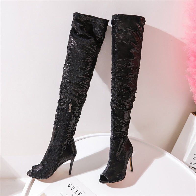 black sequin thigh high boots