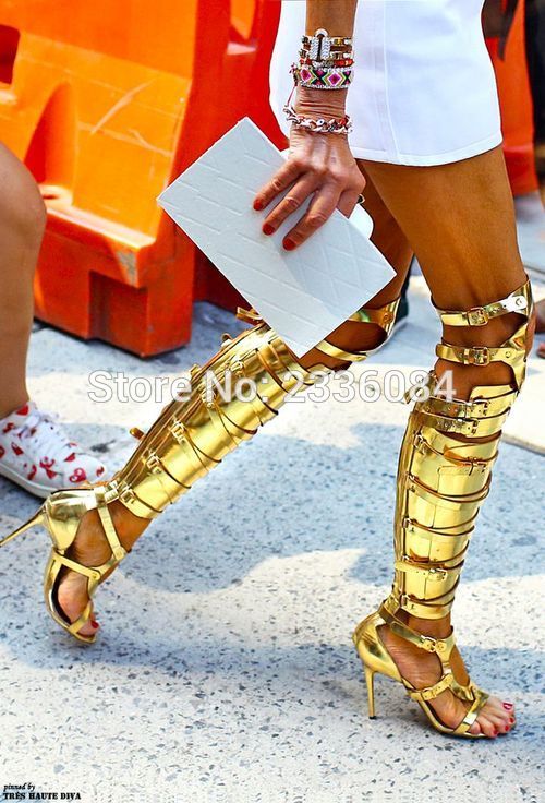 gold strappy thigh high heels