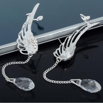 New Silver Plated Angel Wing Stylist Crystal Earrings Drop Dangle Ear Stud For Women Long Cuff Earring Bohemia Jewelrys|Clip Earrings|