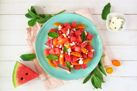 Watermelon Salad with Cherry Tomatoes, Feta Cheese, and Seeds