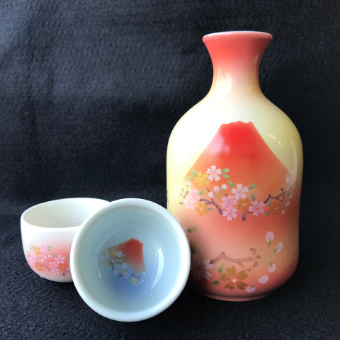 ARITA Fuji Sake Bottle Cup Tripod Pair Set YAMASE Pottery - JAPANESE GIFTS 