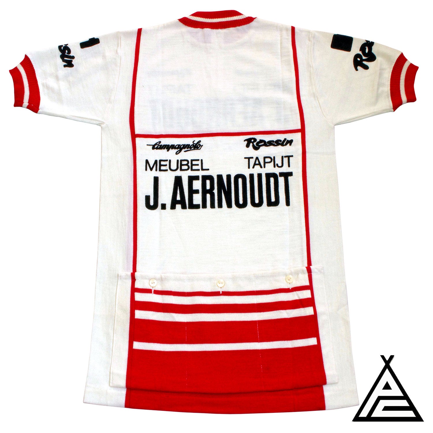 The back of the J. Aernoudt Meubelen Rossin Campagnolo 1983 Wool Team Jersey