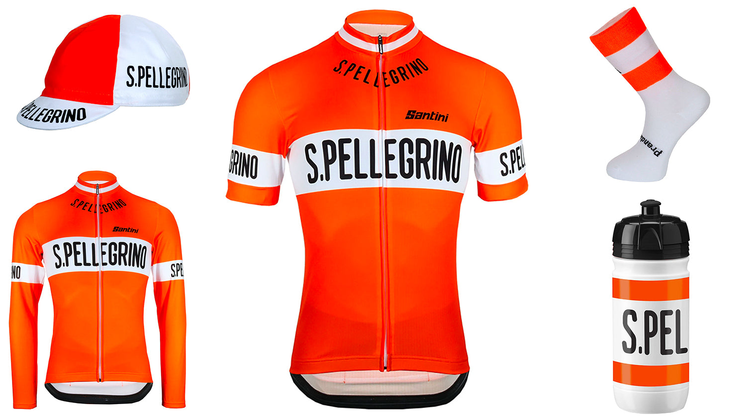 Buy the San Pellegrino retro cycling team jersey, cycling cap and matching accessories at Prendas Ciclismo.