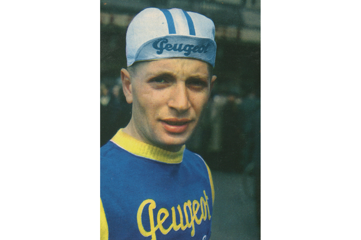Frans Schoubben wearing the 1962 version of the Peugeot BP cycling team jersey.